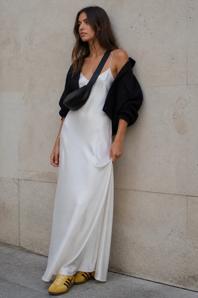 A white slip dress worn with a black cropped jacket. The Onitsuka Tiger Mexico 66 yellow sneakers sit under the hem, and a black belt bag crosses the body. The dress has thin straps and a slight sheen.