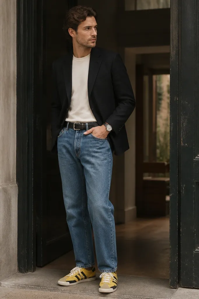 A black blazer over a cream crewneck tee, paired with straight-leg blue jeans. The Mexico 66 yellow sneakers are visible with white laces and black stripes. A structured leather belt and a slim watch appear.