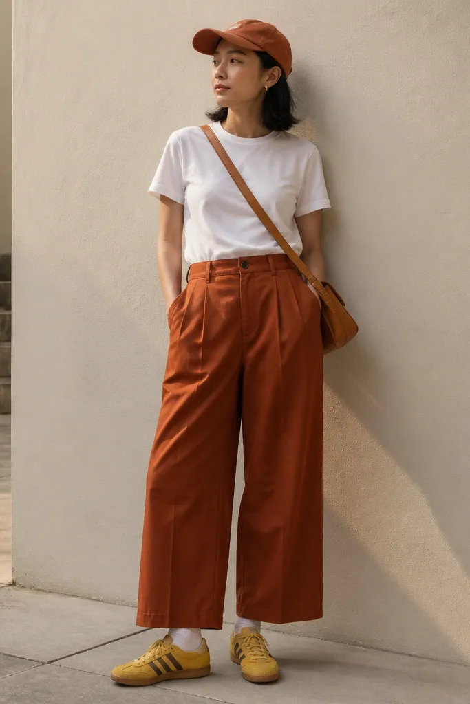 A white t-shirt tucked into rust-colored wide-leg trousers. The Mexico 66 yellow sneakers are paired with white socks and a rust cap. A crossbody bag in tan leather appears.