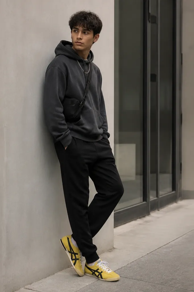 A charcoal hoodie worn with black joggers. The Onitsuka Tiger Mexico 66 yellow sneakers are laced with white laces. A silver chain necklace and a small black sling bag are visible.