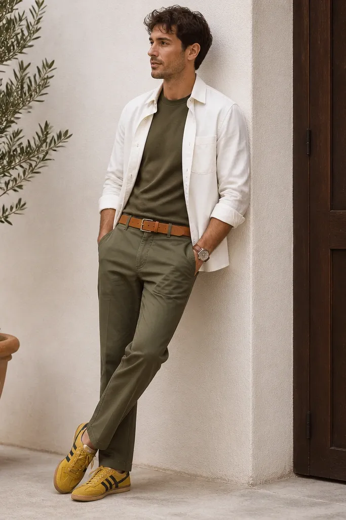 A white overshirt layered over an olive crewneck. Olive chinos are paired with the yellow Mexico 66 sneakers. A brown leather watch strap and a belt in tan show near the waist.