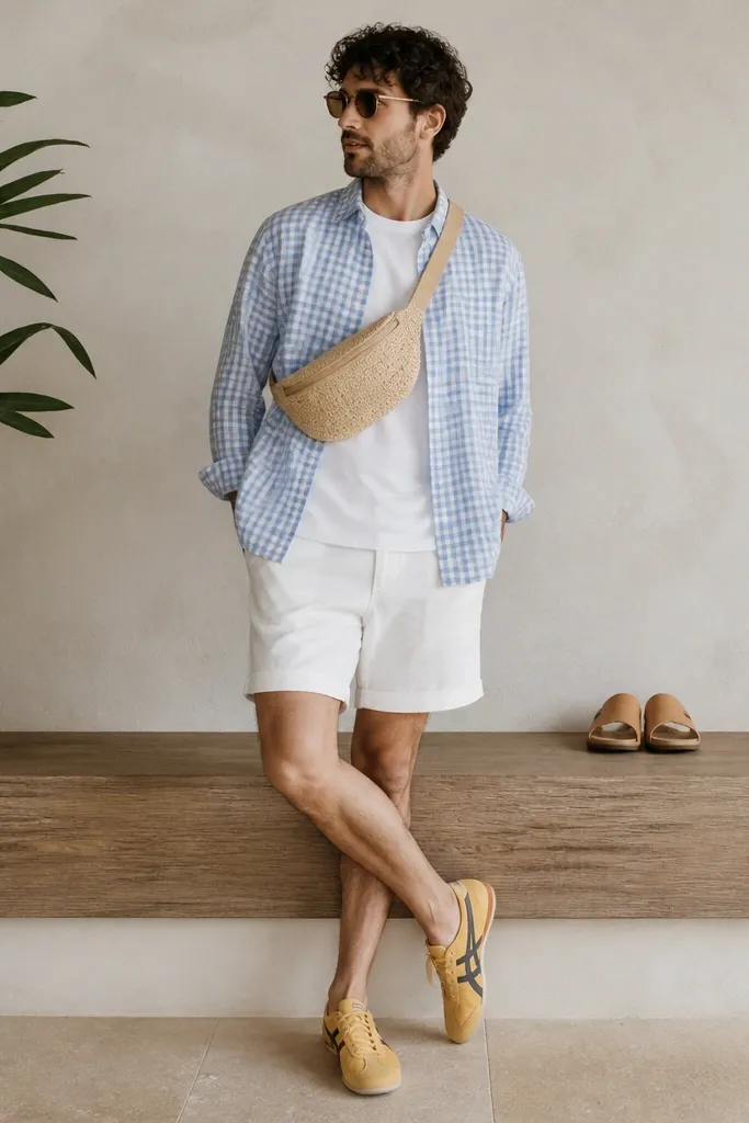 A pastel gingham shirt in light blue and white worn open over a white tee, with white shorts. The yellow Mexico 66 sneakers appear, and tan slides are visible on the side as a styling comparison. A woven belt bag sits across the front.