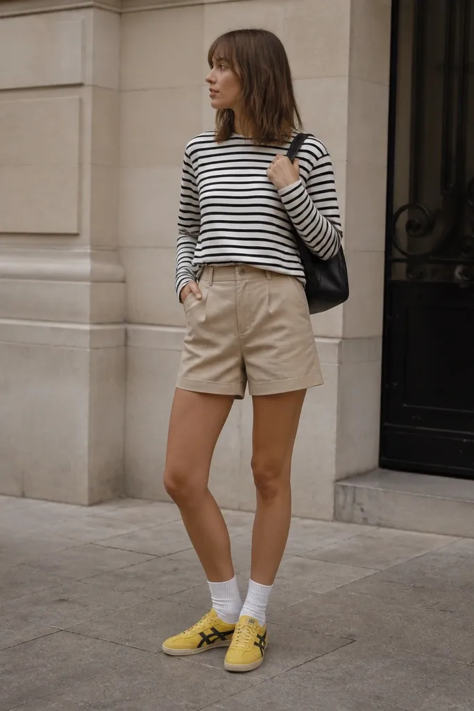 A black-and-white striped long sleeve shirt with sleeves down and hem slightly tucked. Beige shorts sit above the knee. The Onitsuka Tiger Mexico 66 yellow sneakers are paired with white socks and a black mini backpack.