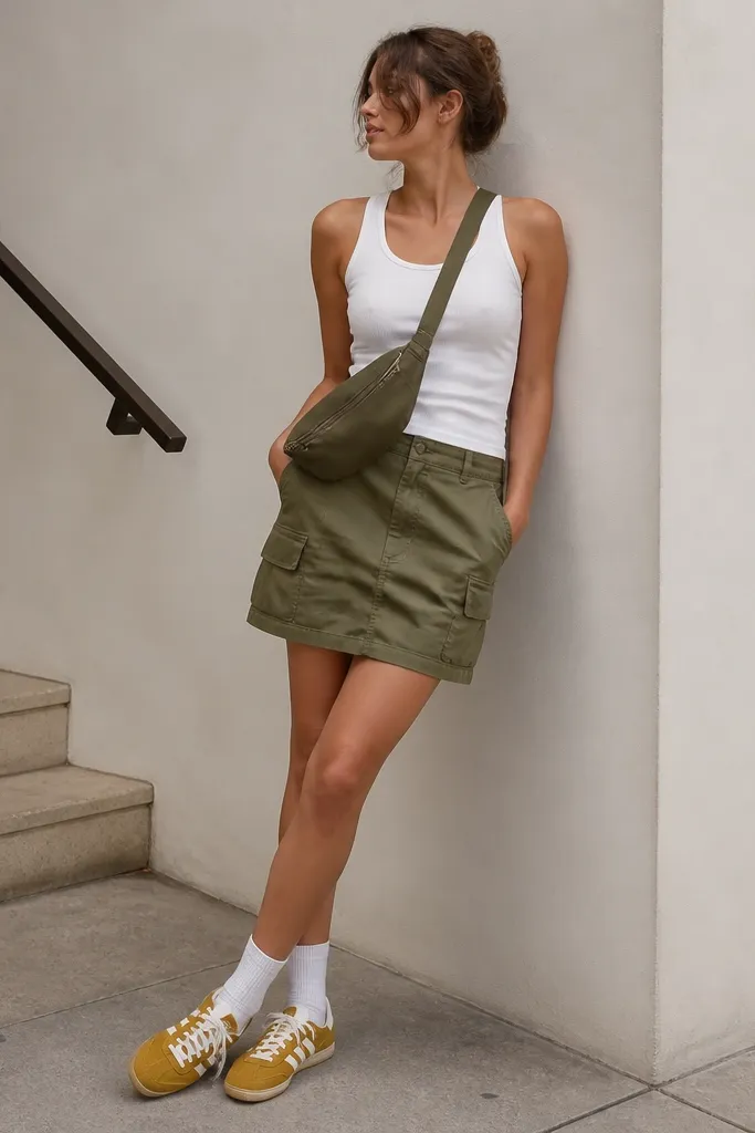 A white tank top worn with an olive utility skirt with pockets. The Mexico 66 yellow sneakers are shown with white laces and white socks. An olive crossbody bag with a zipper is visible.