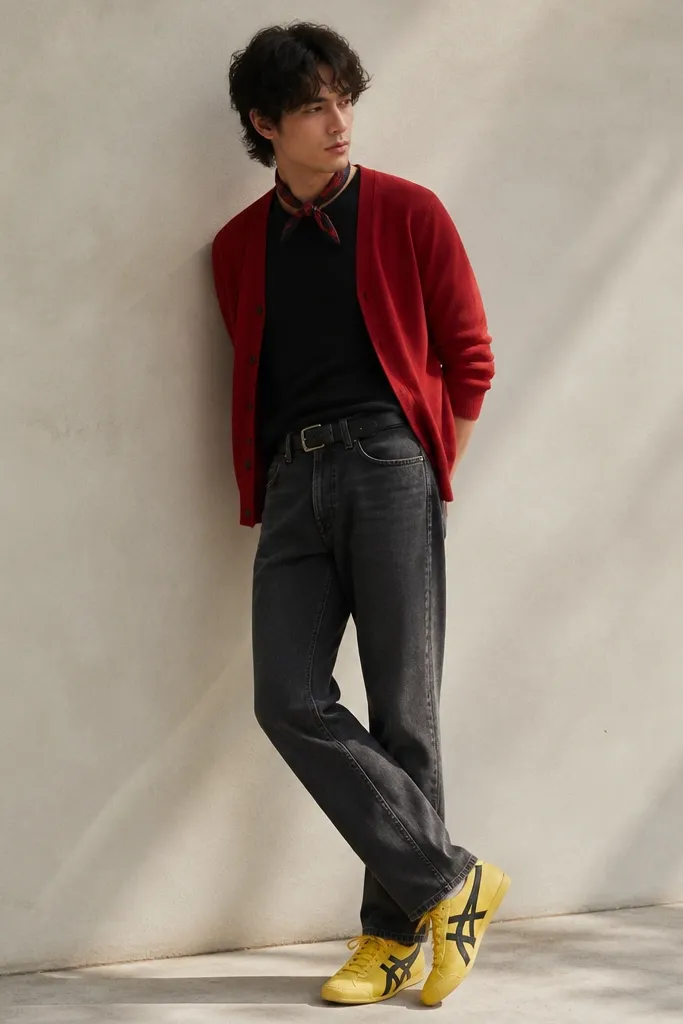 A red cardigan over a black tee with gray jeans. The yellow Mexico 66 sneakers pop against the darker denim. A black belt and a small red-and-black scarf are visible.