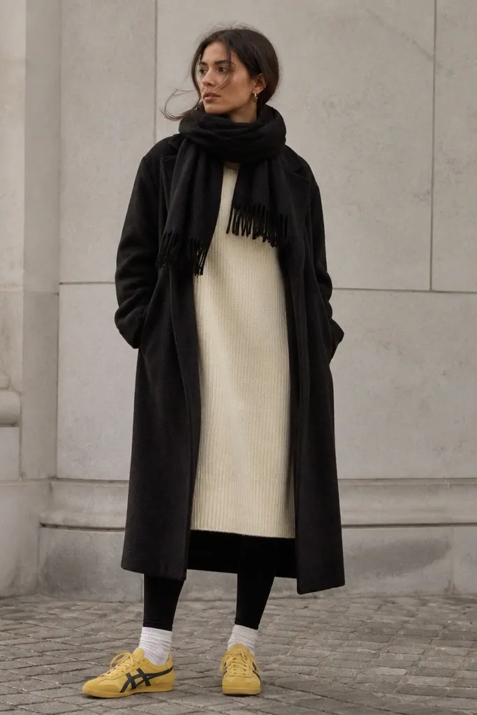 A cream knit dress worn over black leggings, with a long dark coat. The Mexico 66 yellow sneakers are visible at the bottom, with white socks peeking above the shoe. A black scarf covers the neck.