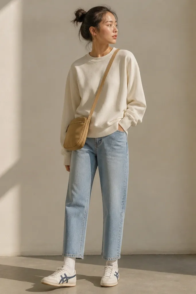 A model wearing a cream crewneck sweatshirt with ribbed cuffs, light blue straight-leg jeans with a slight crop at the ankle, white crew socks, and Onitsuka Tiger mid runners in off-white and navy. A small tan crossbody bag hangs at hip level.