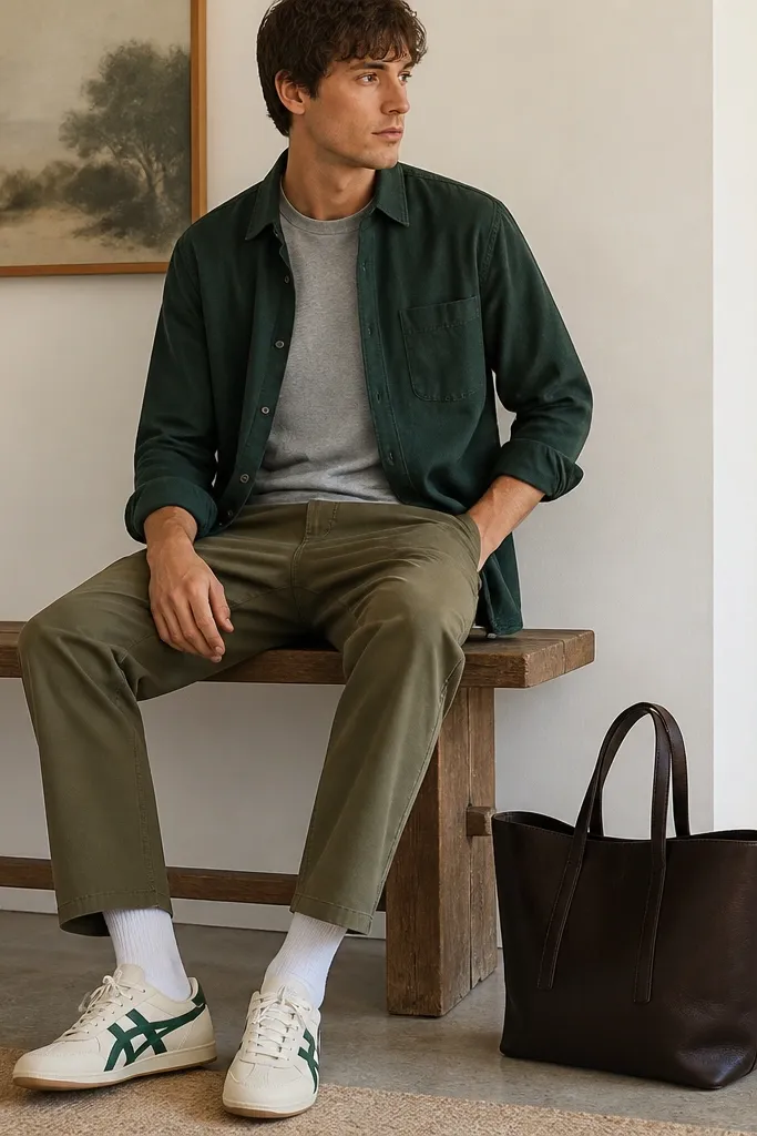 An outfit featuring a forest green brushed cotton overshirt worn open over a heather gray tee, olive chinos with a straight fit, white mid-calf socks, and Onitsuka Tiger mid runners in cream with green accents. A dark brown leather tote sits at the side.