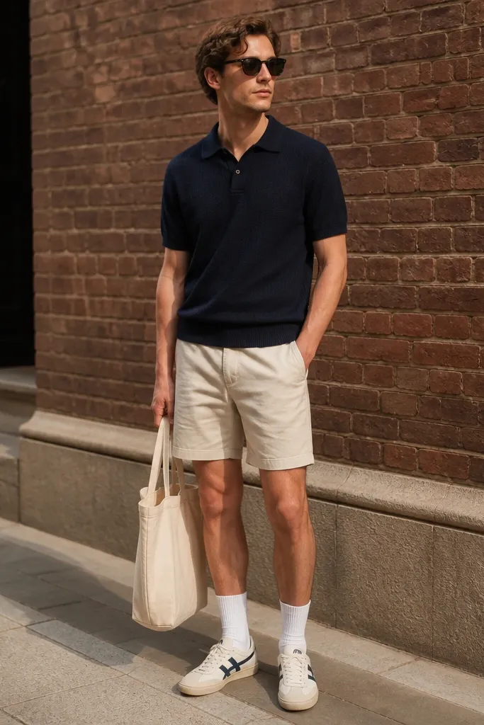 A model wearing a navy knit polo shirt, sand-colored shorts with a mid-thigh length, white socks, and Onitsuka Tiger mid runners in off-white with navy stripes. The model holds a canvas tote and stands outdoors near a brick wall.