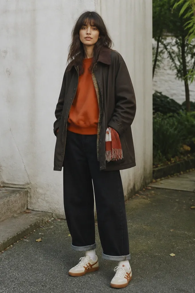 A model wearing a rust orange sweatshirt, black wide-leg jeans cuffed once at the ankle, cream crew socks, and Onitsuka Tiger mid runners in cream and rust colorway. A rust-and-cream scarf peeks from a jacket pocket.