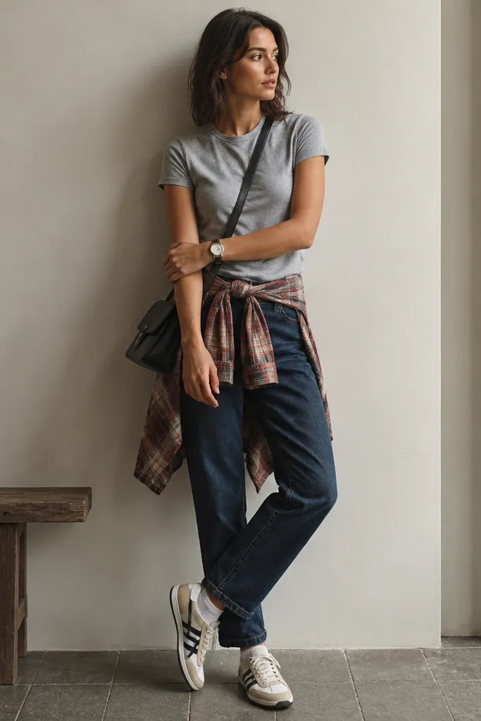 A model in a heather gray fitted tee with a red-brown plaid flannel tied around the waist, dark blue straight jeans, white socks, and Onitsuka Tiger mid runners in cream and navy. A simple watch and a small crossbody complete the look.