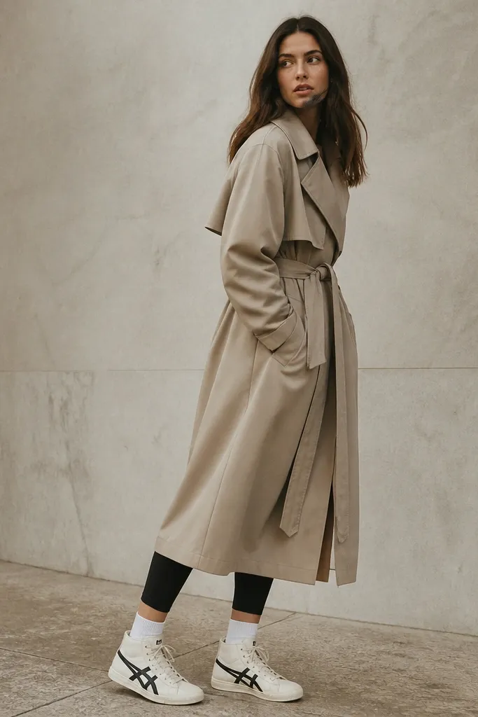 A model wearing a beige trench-style coat over black leggings, with the leggings cropped to show the top of the mid runner, white socks, and Onitsuka Tiger mid runners in cream with black accents. A long coat belt is tied loosely at the waist.
