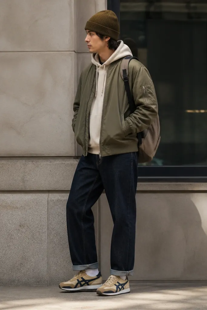 A model wearing an olive bomber jacket over an oatmeal hoodie, dark blue jeans with a relaxed straight fit, white socks, and Onitsuka Tiger mid runners in tan and navy. A knit beanie sits on the head, and a canvas backpack hangs behind.