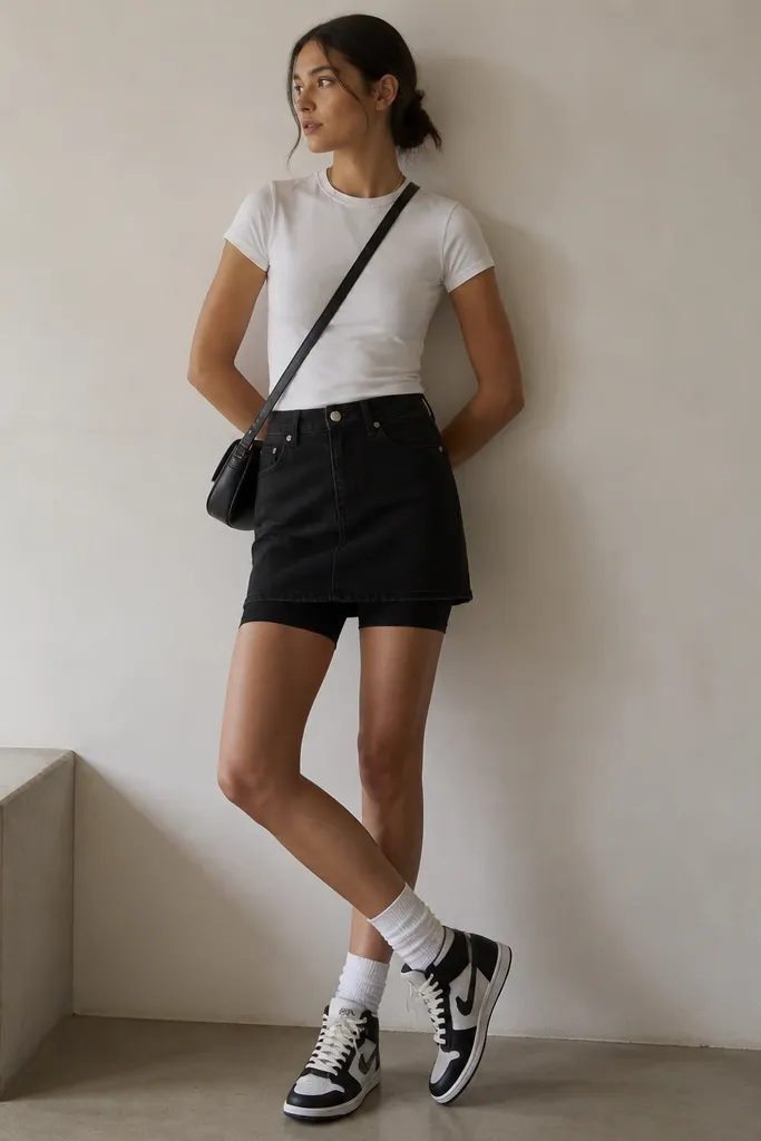 A model in a white fitted tee tucked slightly into a black denim skirt, bike shorts visible at the hem, white socks, and Onitsuka Tiger mid runners in black and white. A small black shoulder bag hangs diagonally across the body.