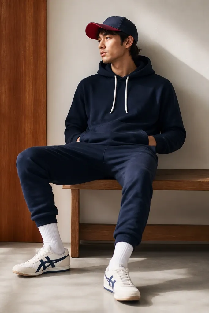 A model in a navy sweatshirt with white drawstrings, navy track pants with a tapered ankle, bright white crew socks, and Onitsuka Tiger mid runners in off-white with navy. A red-accent cap sits on the head.