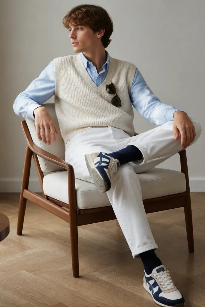 A model wearing a light blue button-down shirt under a cream knit vest, white jeans with a slight taper, navy socks, and Onitsuka Tiger mid runners in cream and navy. A pair of sunglasses sits in the vest pocket.