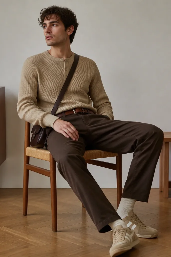 A model in a tan waffle-knit henley with three buttons, chocolate brown chinos with a straight fit, cream crew socks, and Onitsuka Tiger mid runners in tan and off-white. A leather belt and small crossbody appear in frame.