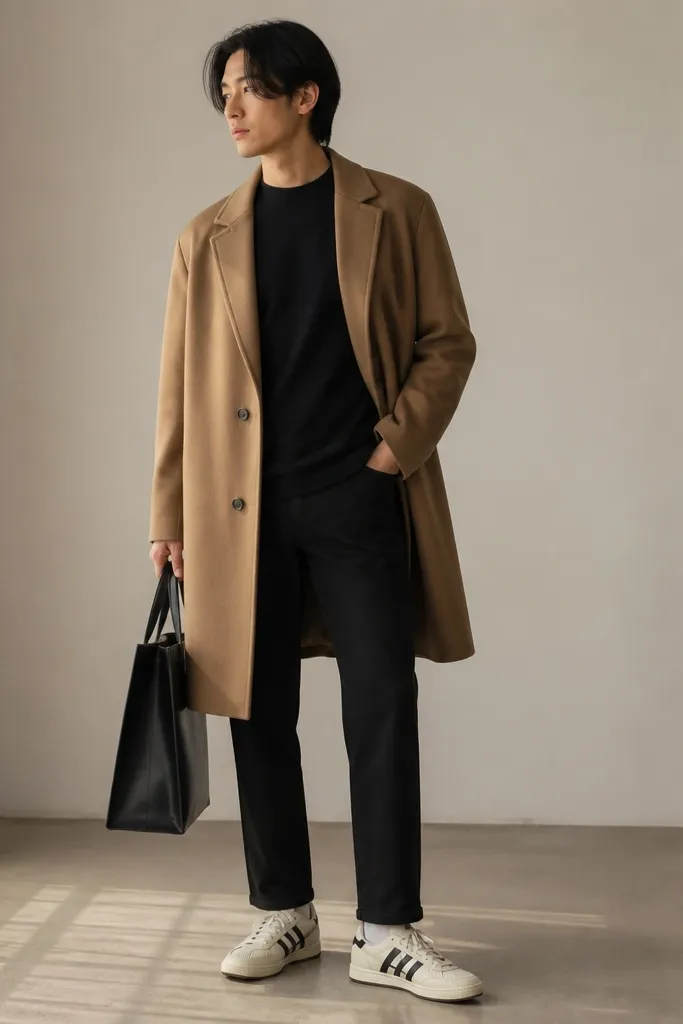 A model in a black long-sleeve tee layered under an unbuttoned camel overcoat, black straight jeans, white socks, and Onitsuka Tiger mid runners in cream and black. The model holds a structured tote.