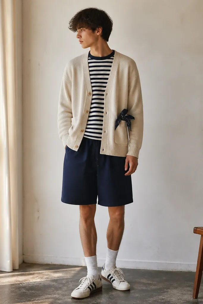 A model wearing a cream cardigan over a navy-and-white striped tee, navy shorts with a relaxed fit, white socks, and Onitsuka Tiger mid runners in off-white with navy accents. A light scarf is tucked into the cardigan pocket.