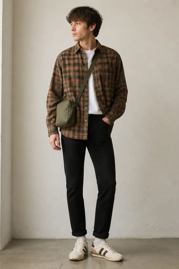 A model wearing a brown-and-green plaid overshirt buttoned halfway over a plain white tee, black slim jeans, cream crew socks, and Onitsuka Tiger mid runners in cream with brown accents. A small crossbody in olive fabric is worn at the hip.