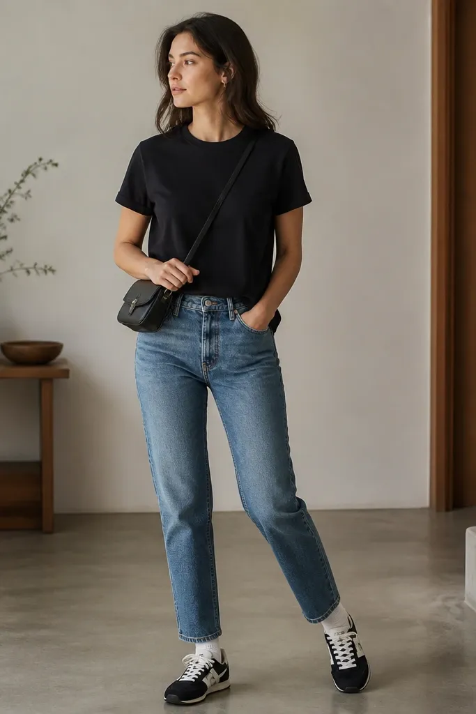 A woman wearing a black crew-neck tee with a small front tuck, medium-wash straight-leg jeans, white crew socks, and black-and-white Onitsuka Tiger sneakers; she carries a small black crossbody bag.