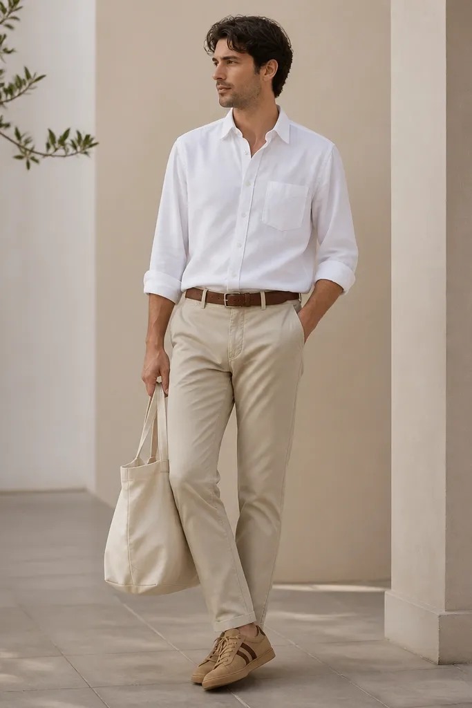 A man wearing a white button-down oxford shirt with sleeves rolled to the forearm, stone chinos, tan suede Onitsuka Tiger sneakers, and a brown leather belt; he has a cream canvas tote.