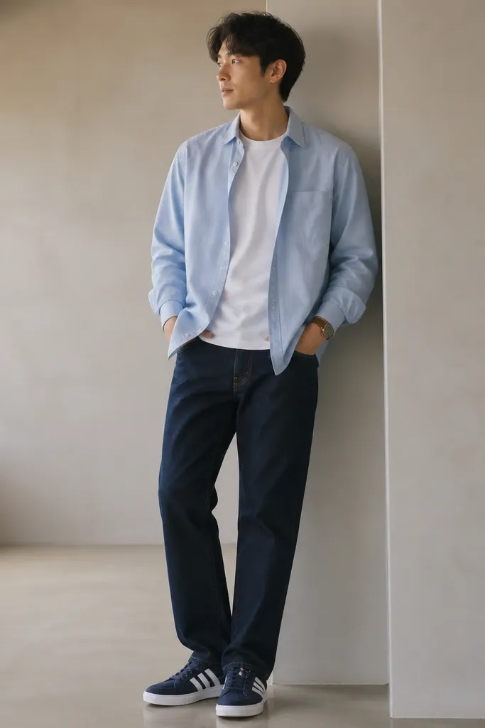 A person wearing a light blue button-up overshirt over a white tee, dark straight denim, navy Onitsuka Tiger sneakers with white midsoles, and a watch with a brown strap.
