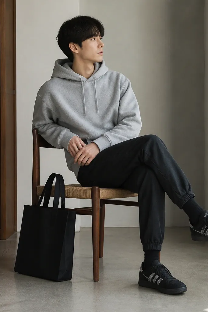 A person wearing a heather grey hoodie, dark tapered jogger jeans, black Onitsuka Tiger sneakers, and black crew socks; a black tote bag sits at their side.