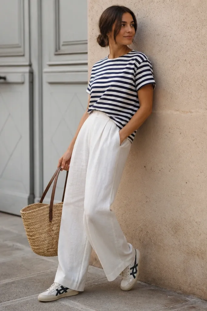 A woman wearing a navy-and-cream striped tee, white wide-leg trousers, cream Onitsuka Tiger sneakers, and a woven straw tote.