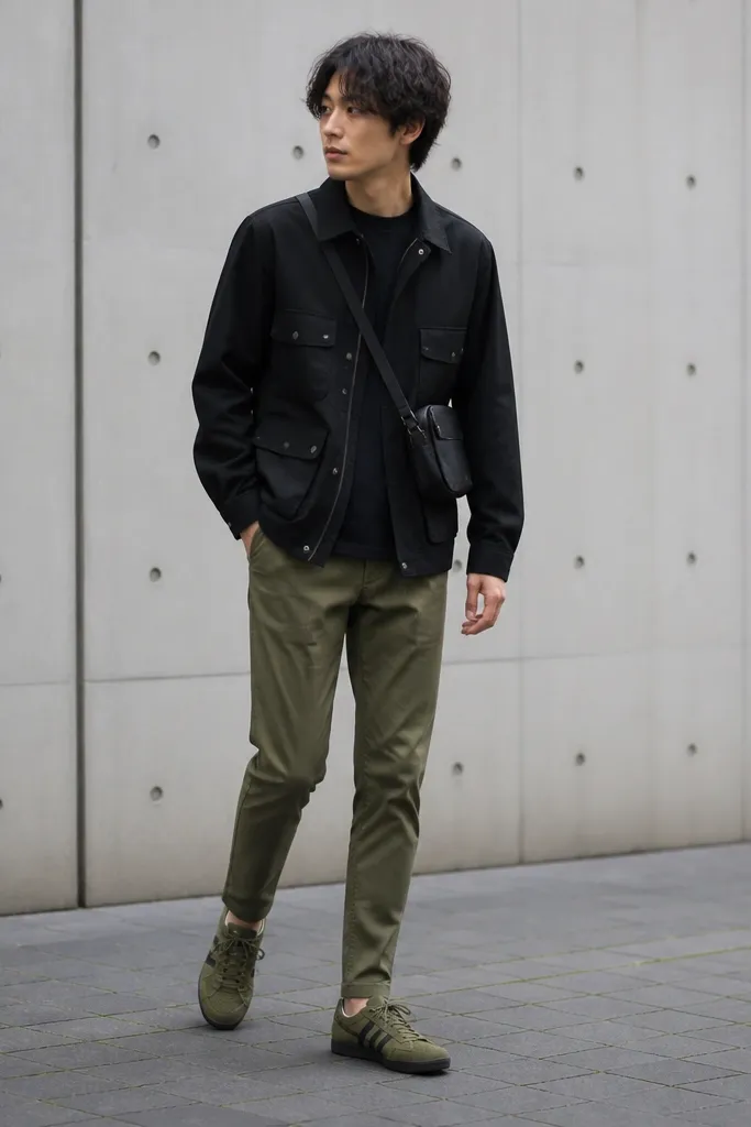 A person wearing a black utility jacket over a dark tee, olive tapered jeans, olive-green Onitsuka Tiger sneakers, and a black crossbody bag.