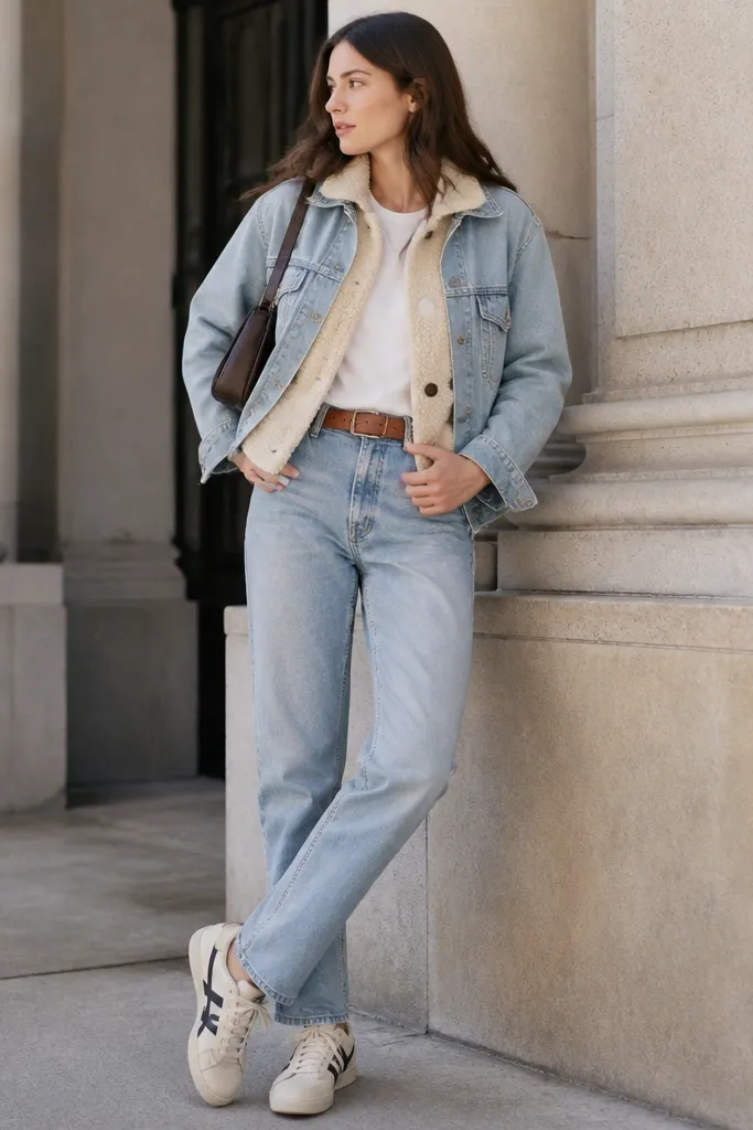 A woman wearing a light denim jacket over a white tee, a cropped sherpa layer in cream, light blue jeans, and Onitsuka Tiger sneakers; she has a brown belt and small shoulder bag.