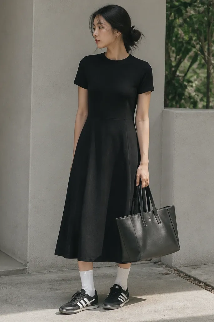A woman wearing a black midi dress with a simple crew neckline, white mid-calf socks, and black-and-white Onitsuka Tiger sneakers; she holds a structured tote.