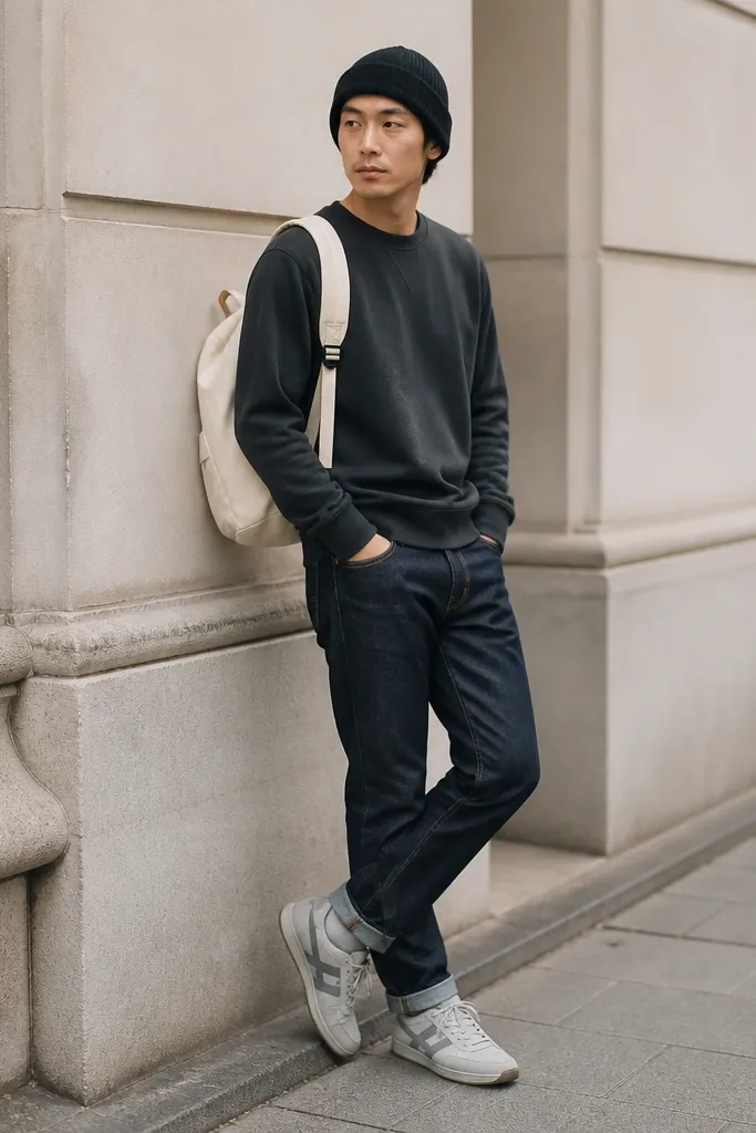 A person wearing a charcoal crewneck sweater, dark indigo jeans, light grey Onitsuka Tiger sneakers, and a black beanie; they carry a canvas backpack.
