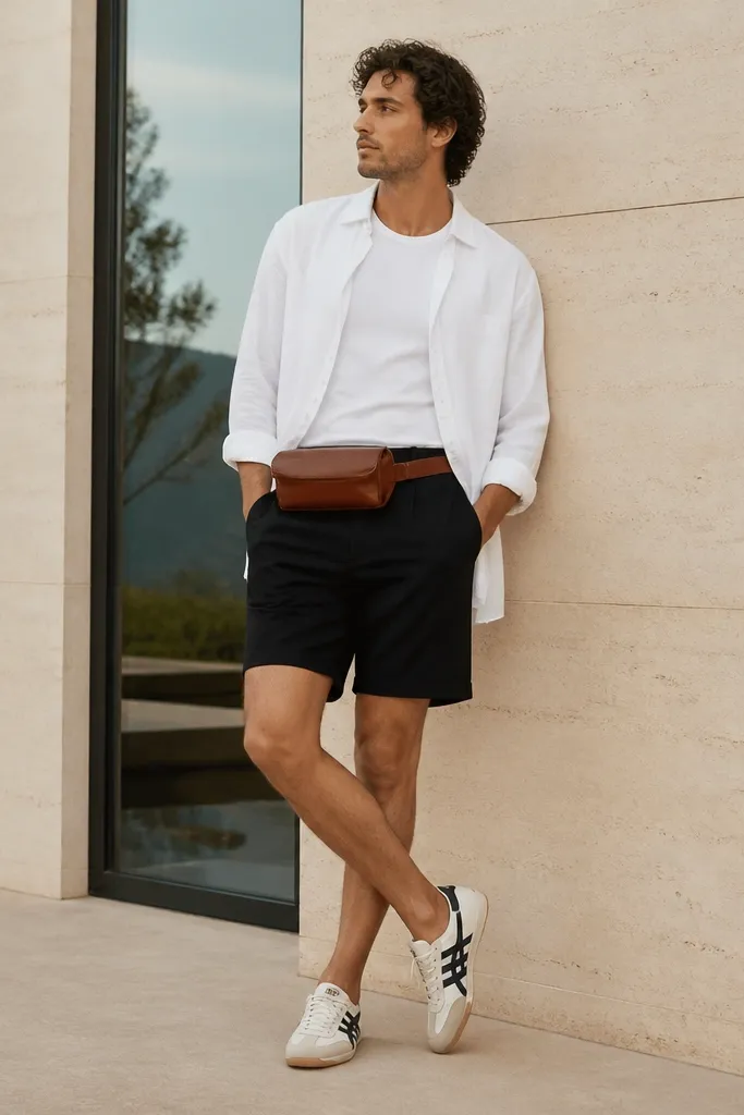 A man wearing a white button-down shirt worn open over a white tee, black tailored shorts, Onitsuka Tiger sneakers, and a brown leather belt bag worn at the waist.
