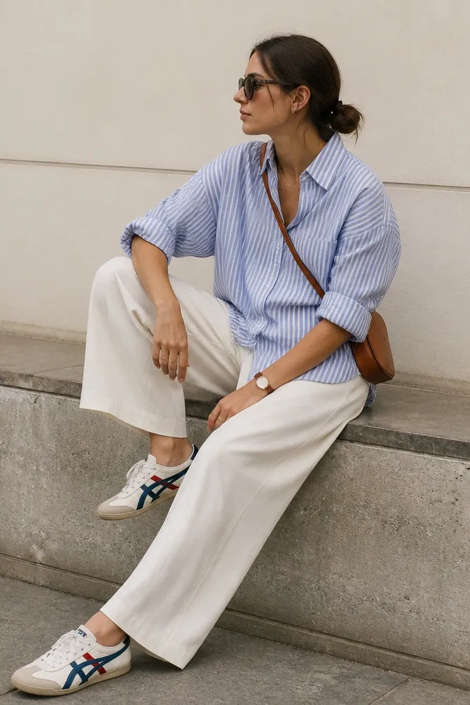 A person wearing a blue-and-white striped button-down with sleeves rolled, cream wide trousers, and Onitsuka Tiger sneakers; a brown leather watch and small crossbody bag appear.