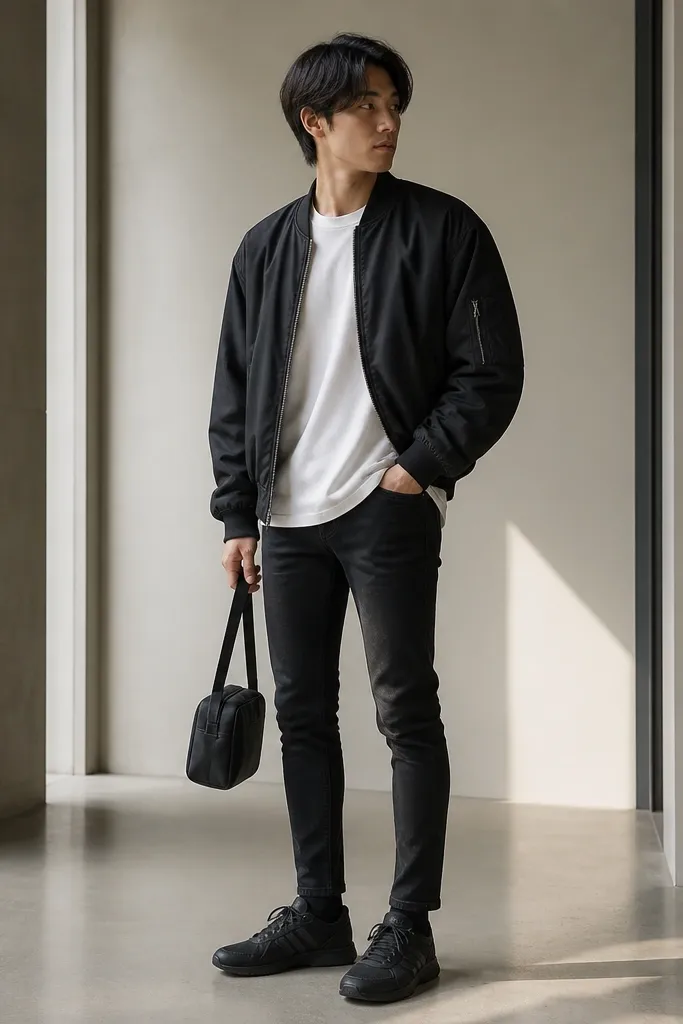 A person wearing a black bomber jacket, white crew tee, black slim jeans, black Onitsuka Tiger sneakers, and black socks; they hold a small black shoulder bag.