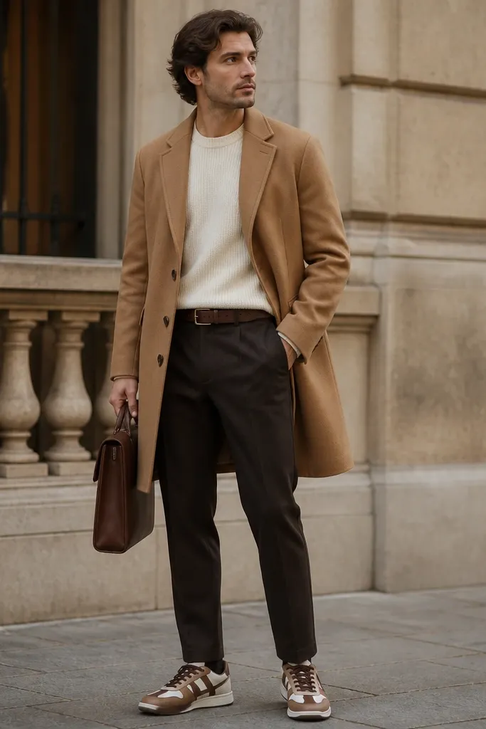 A person wearing a camel wool coat, cream sweater, dark trousers, and Onitsuka Tiger sneakers in brown/cream; a brown belt and leather briefcase-style bag are visible.