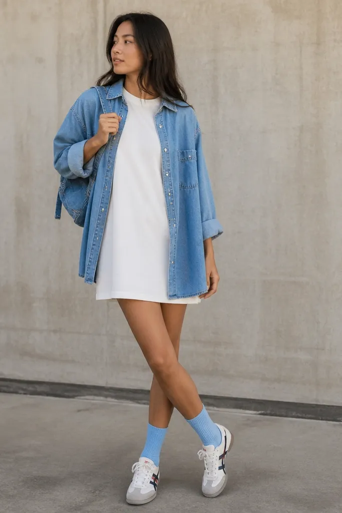 A woman wearing a white tee dress, denim overshirt worn open, Onitsuka Tiger sneakers, and light blue crew socks; she has a small denim backpack.