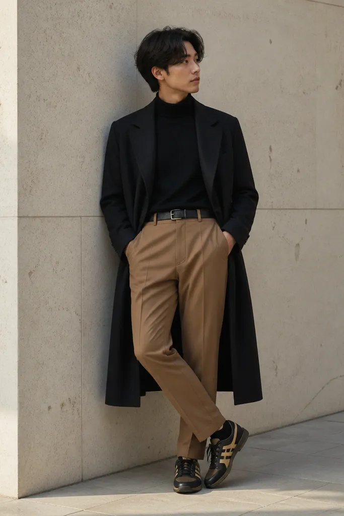 A person wearing a black turtleneck sweater, camel tapered pants, and Onitsuka Tiger sneakers with black and tan details; a long coat and simple belt are shown.