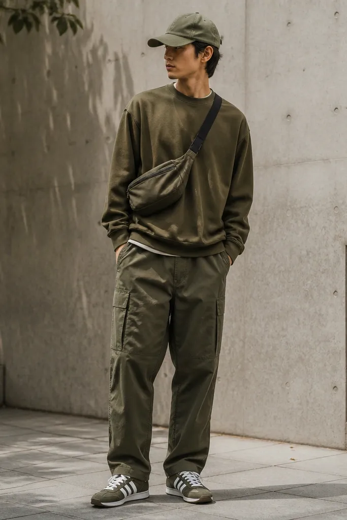 A person wearing an olive sweatshirt, olive cargo pants, Onitsuka Tiger sneakers with white laces, and a matching olive cap; a small sling bag is worn across the chest.