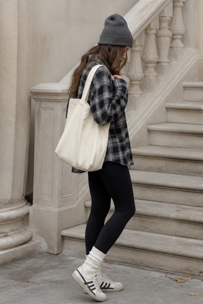 A person wearing black leggings, an oversized plaid shirt in grey and black, Onitsuka Tiger sneakers, and tall socks; a beanie and tote bag are visible.