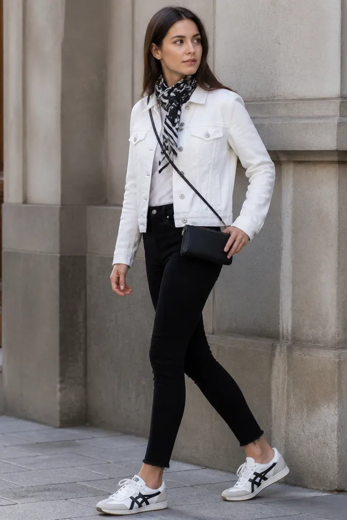 A woman wearing a white denim jacket, black skinny jeans, Onitsuka Tiger sneakers, and a crossbody wallet bag; she has a black-and-white patterned scarf.