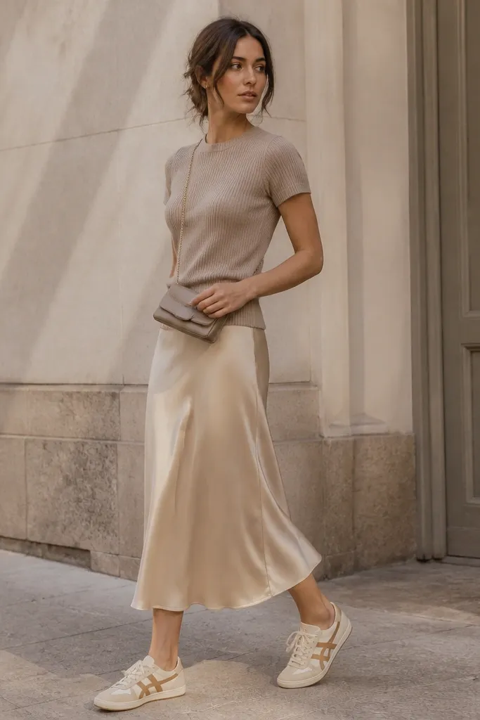 A woman wearing a taupe knit tee, a champagne satin midi skirt, and Onitsuka Tiger sneakers in cream and tan; she has a small clutch-style crossbody.