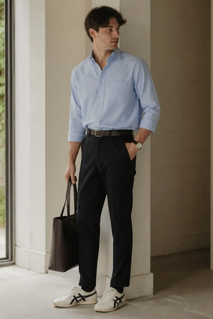 A man wearing a light blue poplin button-up, black tapered trousers, Onitsuka Tiger sneakers, and a dark leather belt; he has a simple watch and a tote.