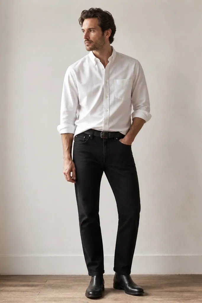 A model wearing matte black straight-leg jeans with a white Oxford button-down. The shirt is half-tucked at the front, sleeves rolled once. They're wearing black leather Chelsea boots with a slim elastic side panel and a dark leather belt.
