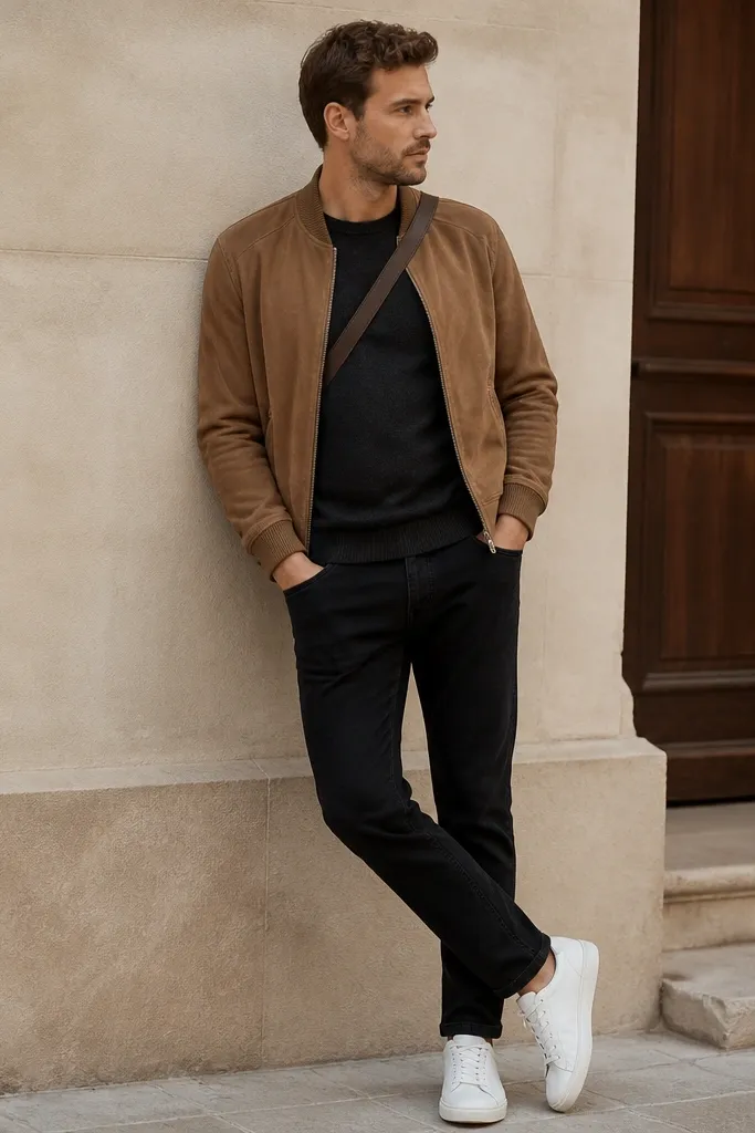 A model in black jeans wearing a charcoal-black crewneck knit. A tan suede bomber sits open, with ribbed cuffs and collar. The shoes are white low-top sneakers with a clean sole, plus a small crossbody strap in dark brown.