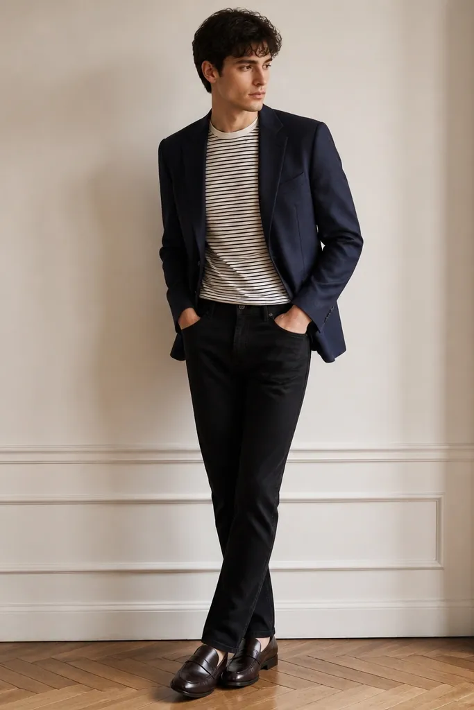 A model wearing black jeans and a navy blazer with structured shoulders. Under it is a thin white-and-navy striped tee, slightly fitted. The shoes are dark brown leather loafers with a low shine.