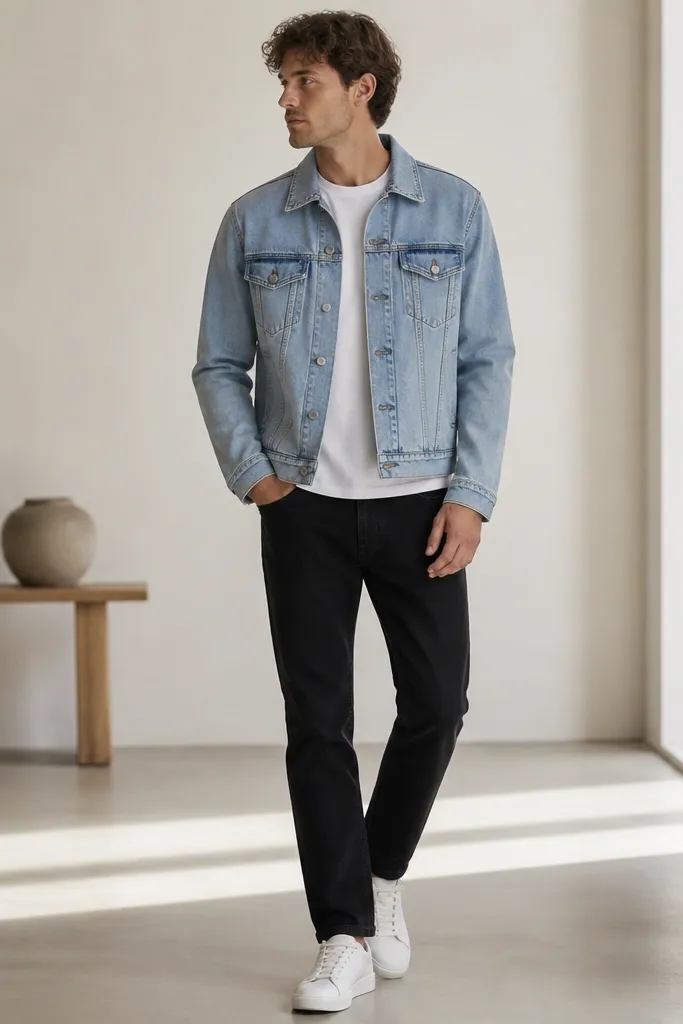A model wearing matte black jeans with a light blue denim jacket. The jacket has a slightly boxy fit and button front. The outfit is paired with white tennis sneakers and a plain white crewneck shirt underneath.
