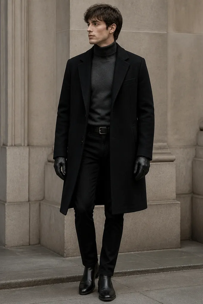 A model wearing a charcoal turtleneck sweater tucked smoothly into black jeans. A long black overcoat covers the top half, with a clean collar line. They wear black leather gloves and black boots with a slight heel.