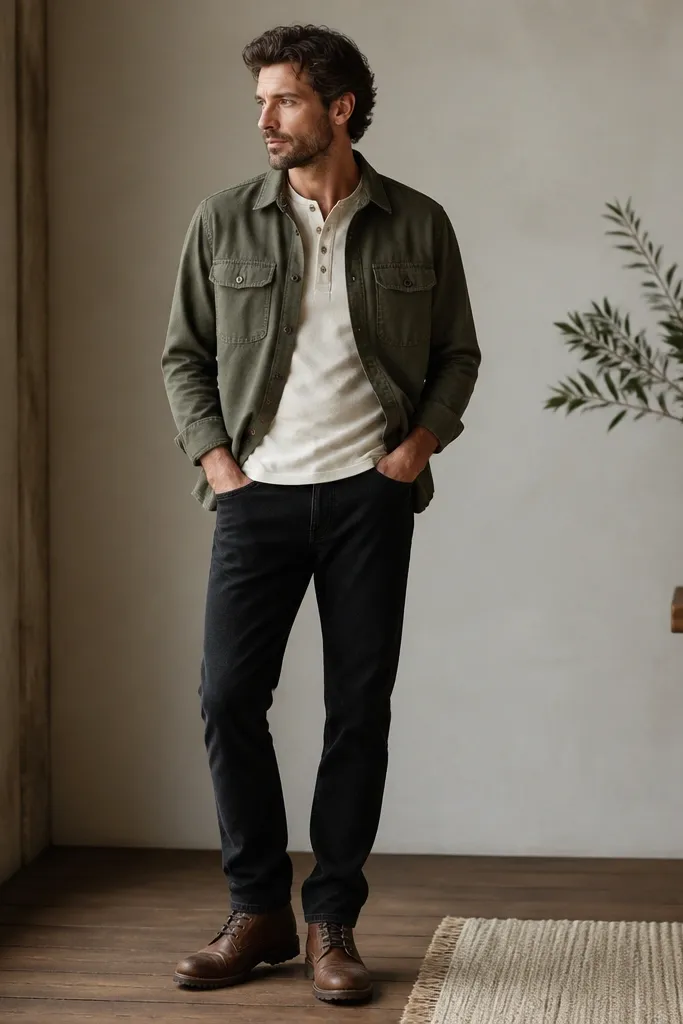 A model wearing black jeans with an olive green overshirt. The overshirt has flap pockets and a button front. Under it is a cream henley. The shoes are brown leather lace-up boots.